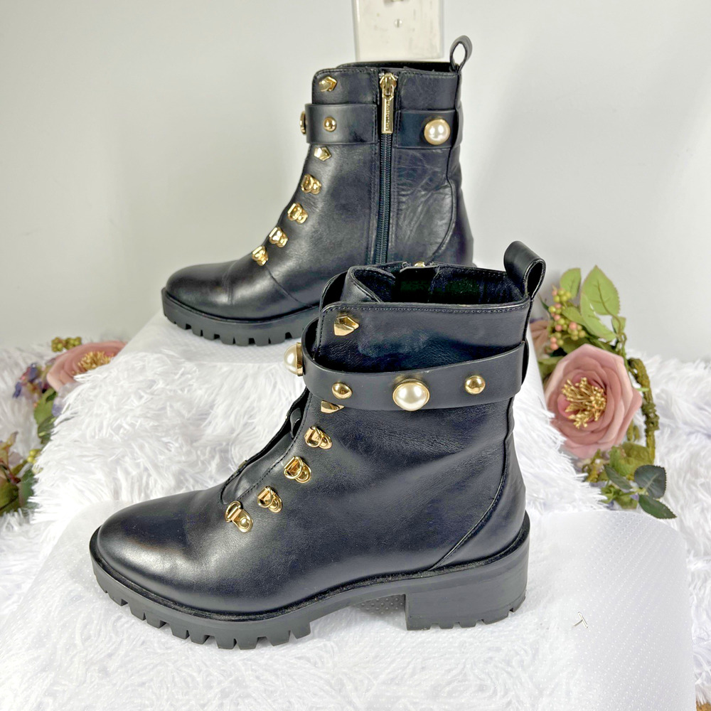 Karl Lagerfeld Paris Perry Womens 8.5/38.5 Black Leather Pearl Stud Combat Boots